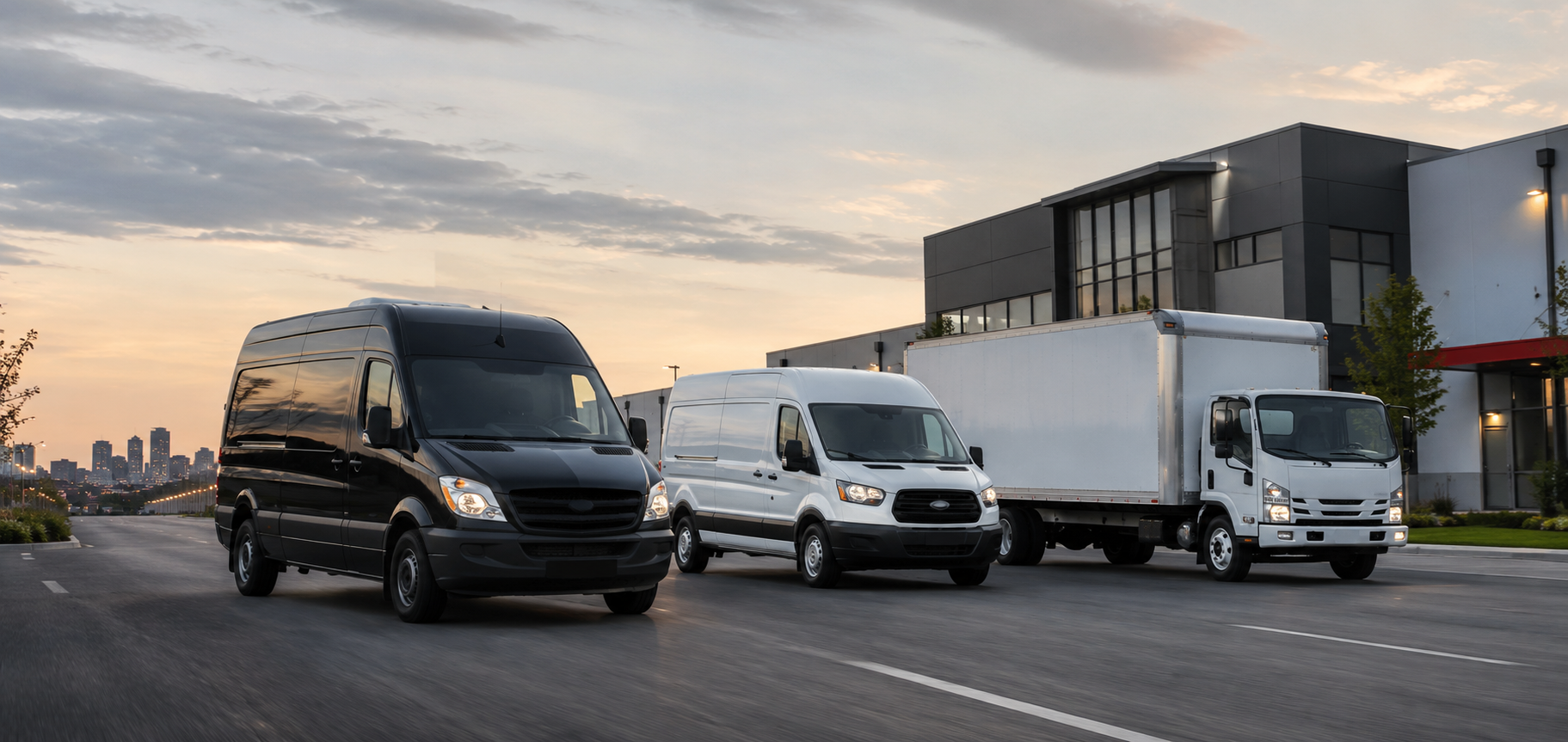 A professional passenger van, cargo van and box truck ready for transportation service